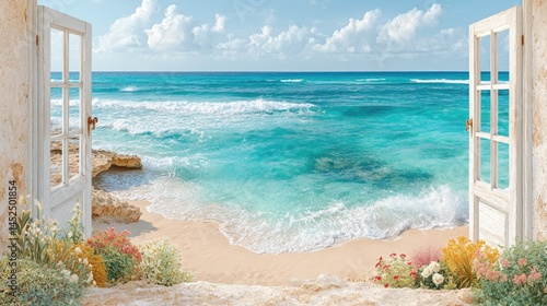 Fototapeta Naklejka Na Ścianę i Meble -  cozy window perspective, countryside through window, floral window frame view Scenic beach view through open doors.