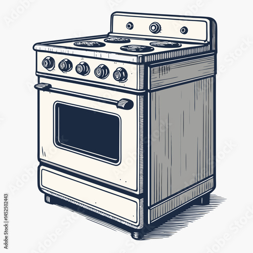 Create a bold vector illustration of a vintage stove oven, emphasizing thick outlines and retro details.  Include realistic textures and shading.