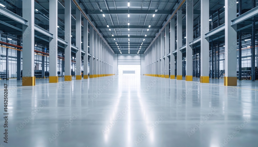 Fototapeta premium Industrial Warehouse Interior: A wide-angle view of a spacious, well-lit industrial warehouse with high ceilings, concrete floors, and rows of steel beams.