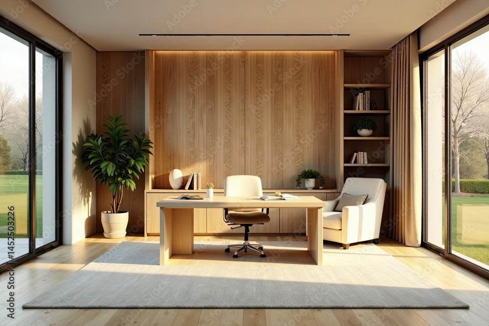 Fototapeta premium Serene Minimalist Home Office Design with Natural Light and Wooden Accents