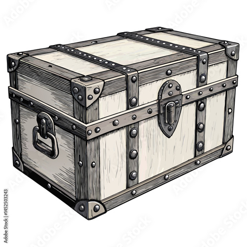 Create a bold, vector illustration of a vintage steamer trunk, emphasizing strong outlines and detailed textures. Include aged wood, metal hardware, and straps.