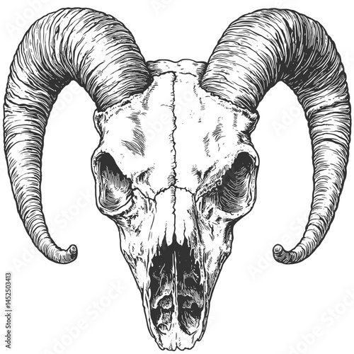 Goat Skull, vintage woodcut engraving, old sketch style, black ink illustration, antique vector design, hand drawn, gothic animal skull art, retro tattoo art, rustic bones, mystical symbol