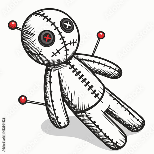 Create a vector illustration of a bold-stroked voodoo doll with the Greek letter Pi subtly incorporated into its design.  The style should be bold and graphic.