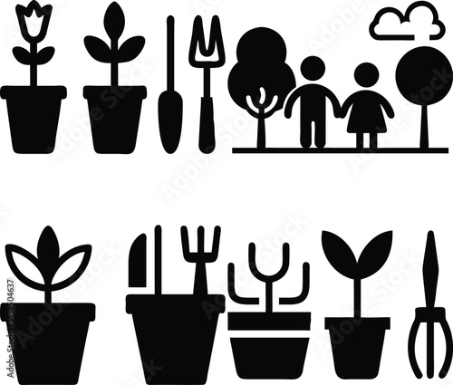 Gardening icons set with plants and family pictogram