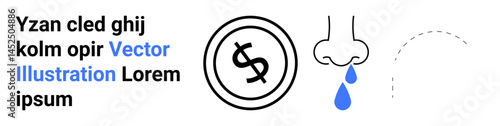 Dollar coin with crossed lines, nose dripping blue liquid, and dashed, curved broken line. Ideal for finances, emotions, health, currency impact, loss abstract design metaphorical concepts