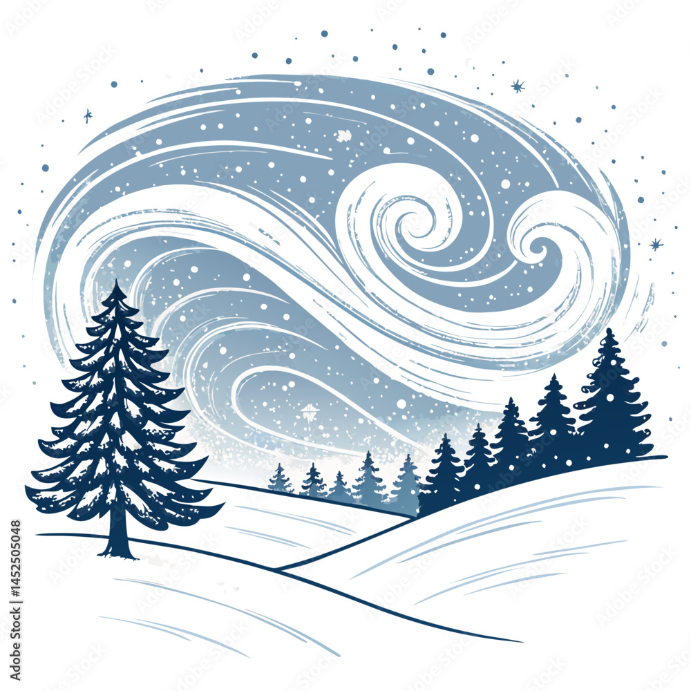 Create a vector illustration of a bold, stylized snowdrift being blown by a strong wind.  Emphasis on thick, impactful strokes.