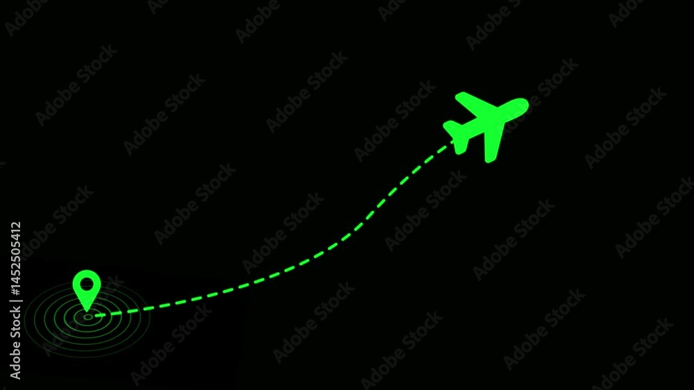 Animated Airplane Flight Path to Destination with Pin Location on black ...
