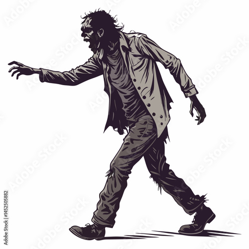 Create a vector illustration of a bold-stroked zombie walking, featuring detailed muscle definition and tattered clothing.  Include a single, prominent detail (1).