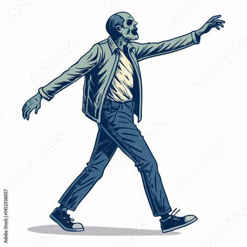 Create a bold vector illustration of a decaying zombie walking with a pronounced limp, showcasing detailed textures and exaggerated features.