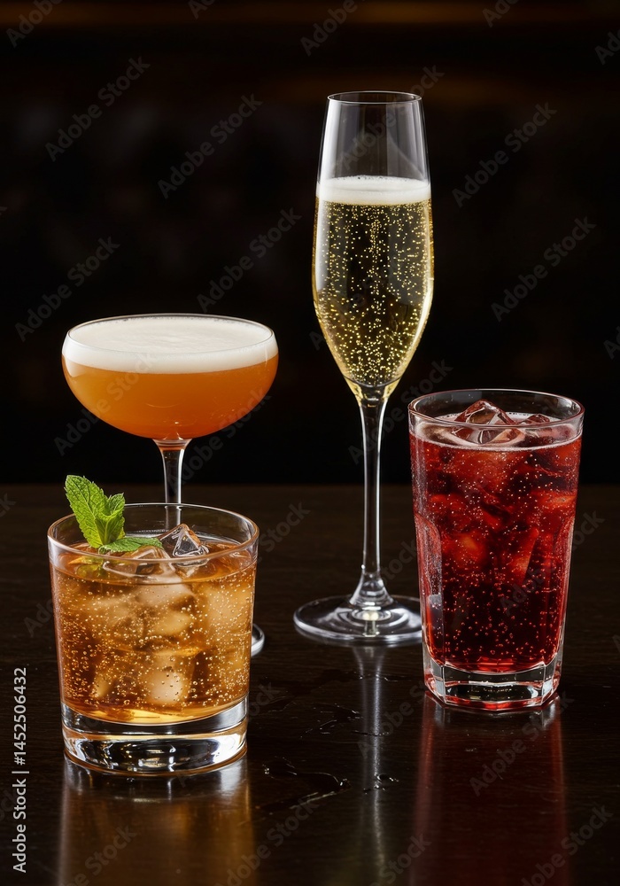 Three Refreshing Drinks on Dark Background Three Refreshing Drinks on Dark Background