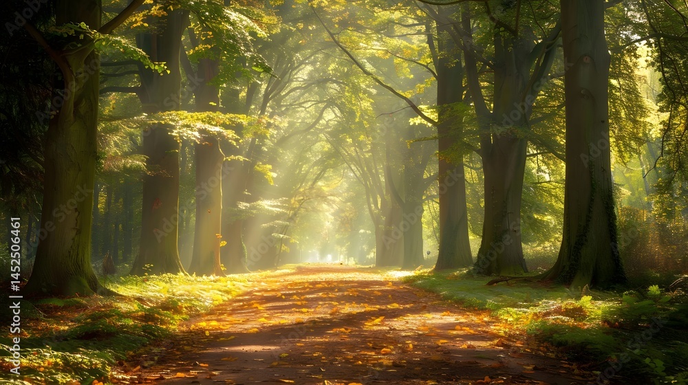 Fototapeta premium Autumnal Forest Path: Sunlit Trees, Golden Leaves, Misty Trail, Tranquil Nature Walk, Magical Woodland Scenery, Breathtaking Fall Foliage, Picturesque Pathway, Enchanting Forest, Peaceful Escape