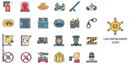 Law simple concept 24 hand drawn color icons set. Contains such law, compliance, corporation, governance, merger, acquisition .Vector illustration.