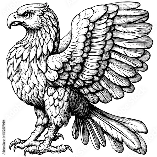 Griffin, black vintage sketch, woodcut engraving vector, hand-drawn mythical animal, heraldic fantasy art, ancient beast illustration, retro creature, antique style drawing, linework