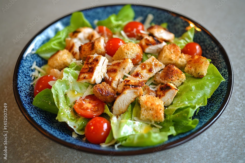 Grilled chicken salad with lettuce, cherry tomatoes, and croutons rests in a blue bowl Grilled chicken salad with lettuce, cherry tomatoes, and croutons rests in a blue bowl