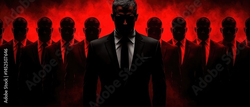 Dark silhouettes of men in suits stand against a red background, shrouded in shadow and mystery