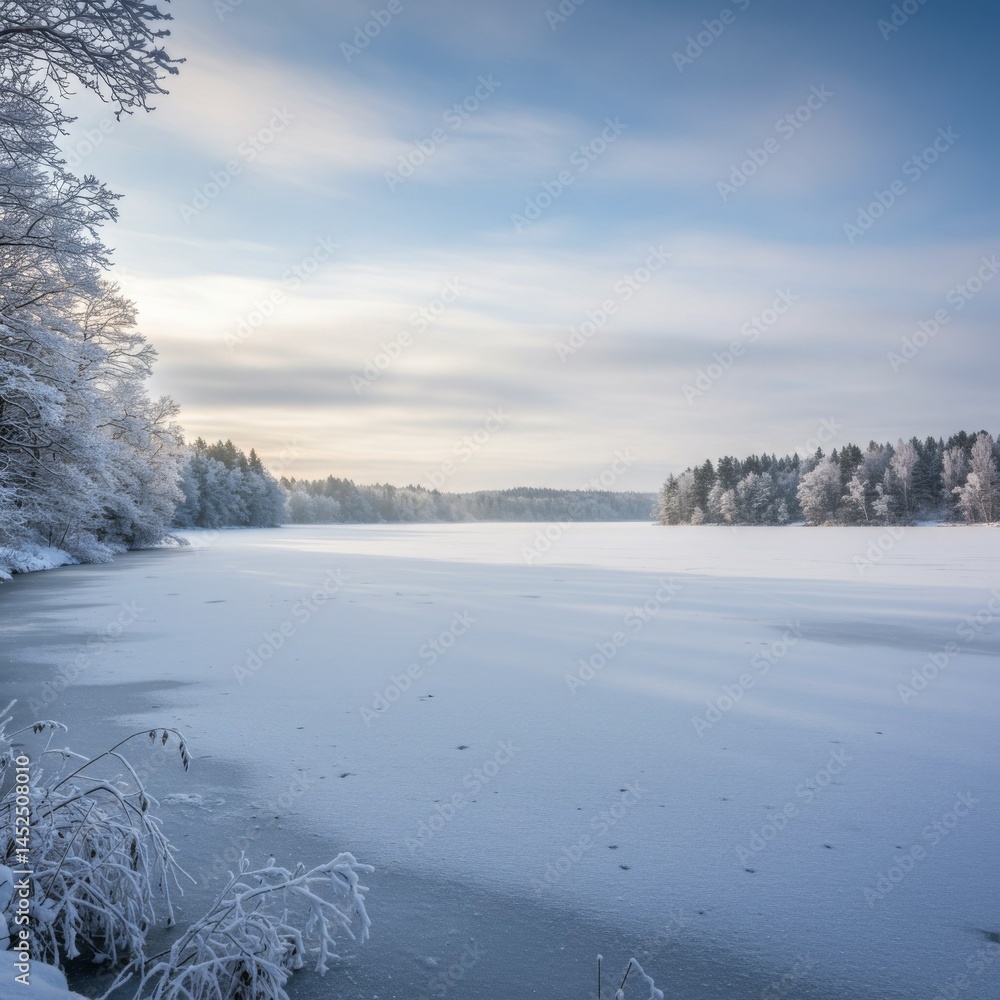 Snowy Winter Lake Landscape with Frozen Surface Snowy Winter Lake Landscape with Frozen Surface