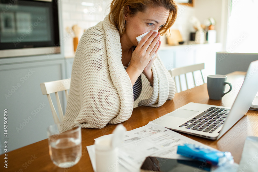 Sick woman blowing nose in tissue at kitchen table with laptop