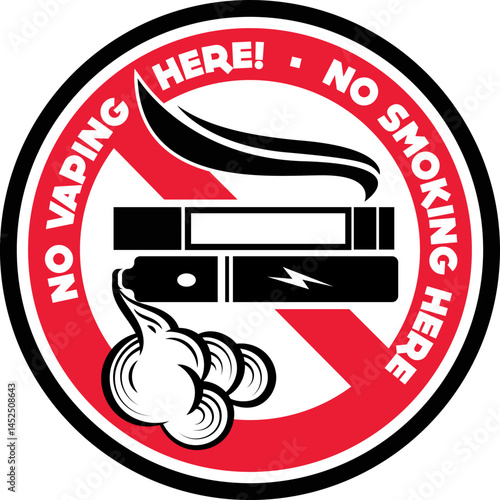 No smoking no vaping sign. Forbidden sign, in this area sign icon isolated on white background vector red label illustration. Cigarette, vape and smoke and in prohibition circle.