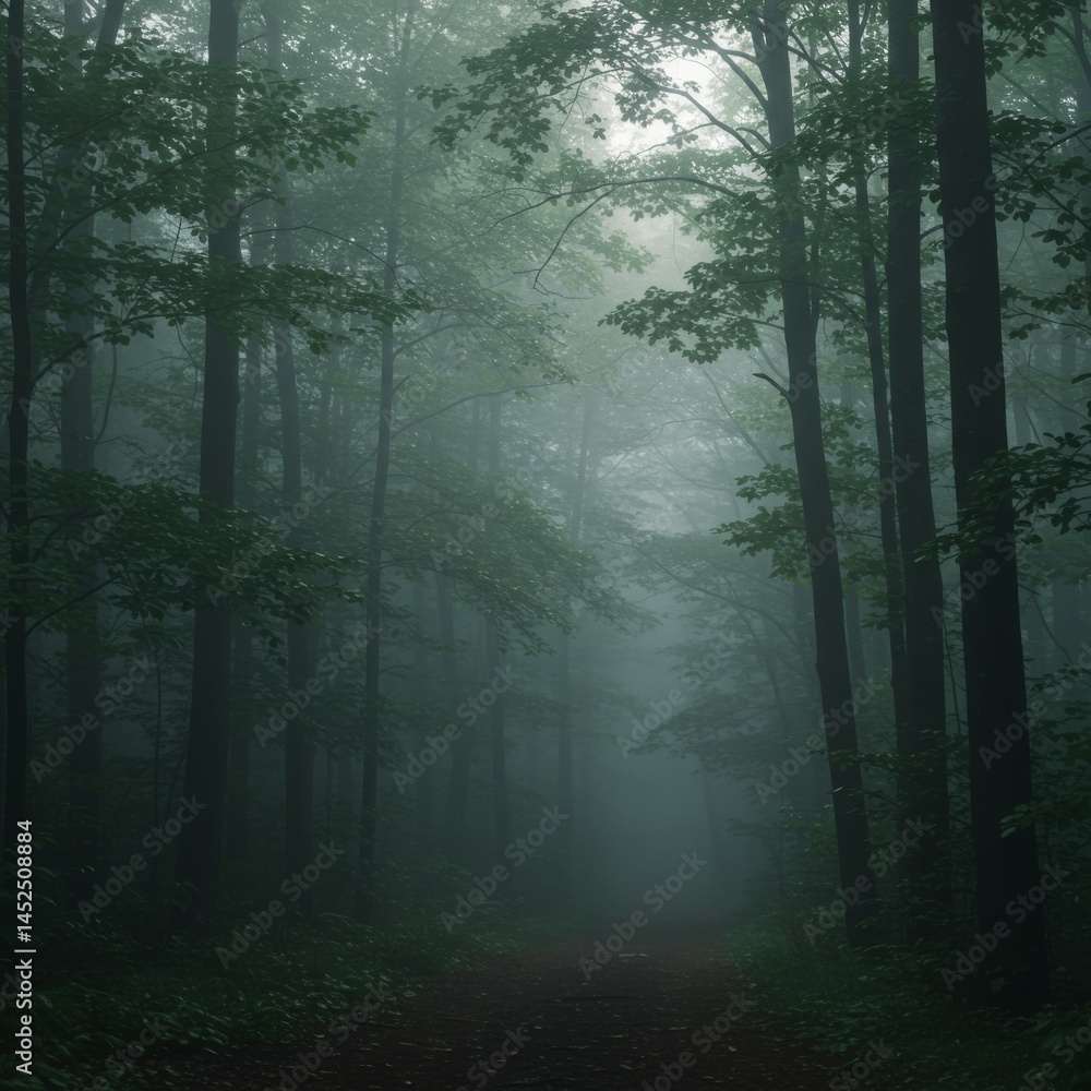 Fototapeta premium Dark Green Forest Path Shrouded in Fog