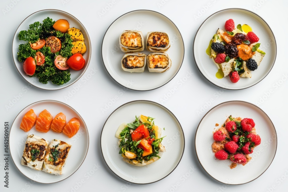 Variety of dishes displayed on plates isolated against a white background with fresh ingredients Variety of dishes displayed on plates isolated against a white background with fresh ingredients
