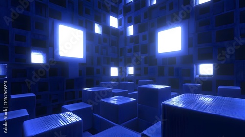 Abstract Blue Glowing Cubes Digital Art Futuristic Sci-Fi Room Background