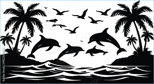 Tropical Island Black And White Silhouette Featuring Dolphins Palm Trees And Seagulls Vector