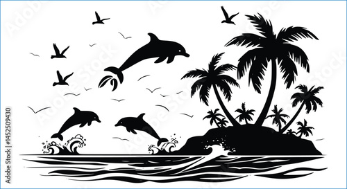 Tropical Island Silhouette With Dolphins Jumping And Birds Flying Stock Illustration