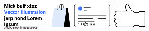 Shopping bag, social media post with thumbs ups and comments, thumbs-up symbol. Ideal for e-commerce, social media marketing, online shopping, branding, customer interaction, approval simple landing