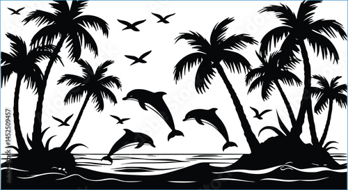Tropical Paradise Black Silhouette Vector With Palm Trees Dolphins And Birds Flying Above