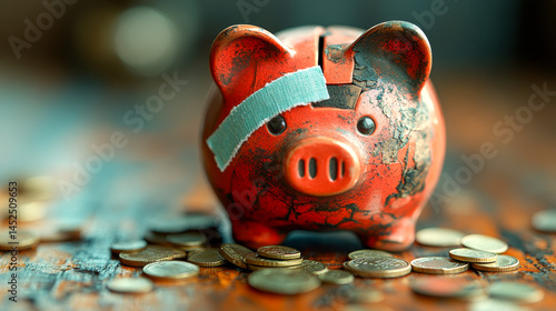 Broken piggy bank with coins on a wooden table  