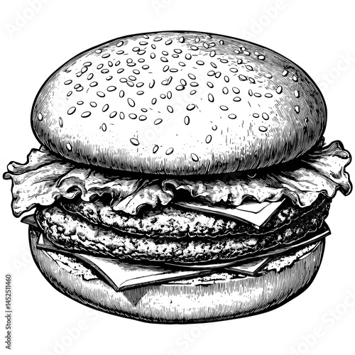 Vintage hamburger, black sketch, woodcut engraving style, old retro fast food illustration, hand drawn burger vector, rustic snack art, classic cheeseburger, pub food icon,