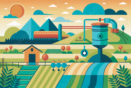 A detailed vector art illustration showcasing a modern irrigation system with pipes, sprinklers, and lush farmland, ideal for agricultural designs