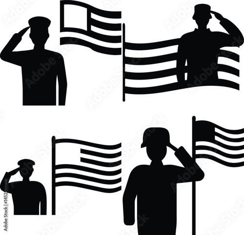 Soldier silhouettes saluting american flag illustrations for patriotic themes