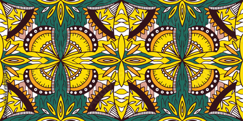 seamless floral abstract fabric. Seamless pattern in tribal, African wax print kitenge floral motifs vector.	
African ethnic geometric floral green and yellow pattern. hand drown Holland wax print.