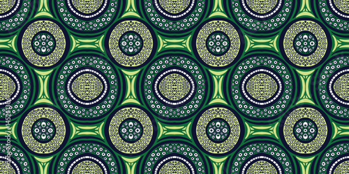 African ethnic traditional green pattern. seamless beautiful green Kitenge, chitenge style. fashion design in colorful. Geometric circle abstract motif. Floral Ankara prints, African wax prints.