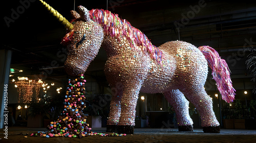 A large, glittery unicorn sculpture vomits colorful candies.  Details show a sparkly, pink horse form,  with a horn, and copious amounts of confectionery spewing forth