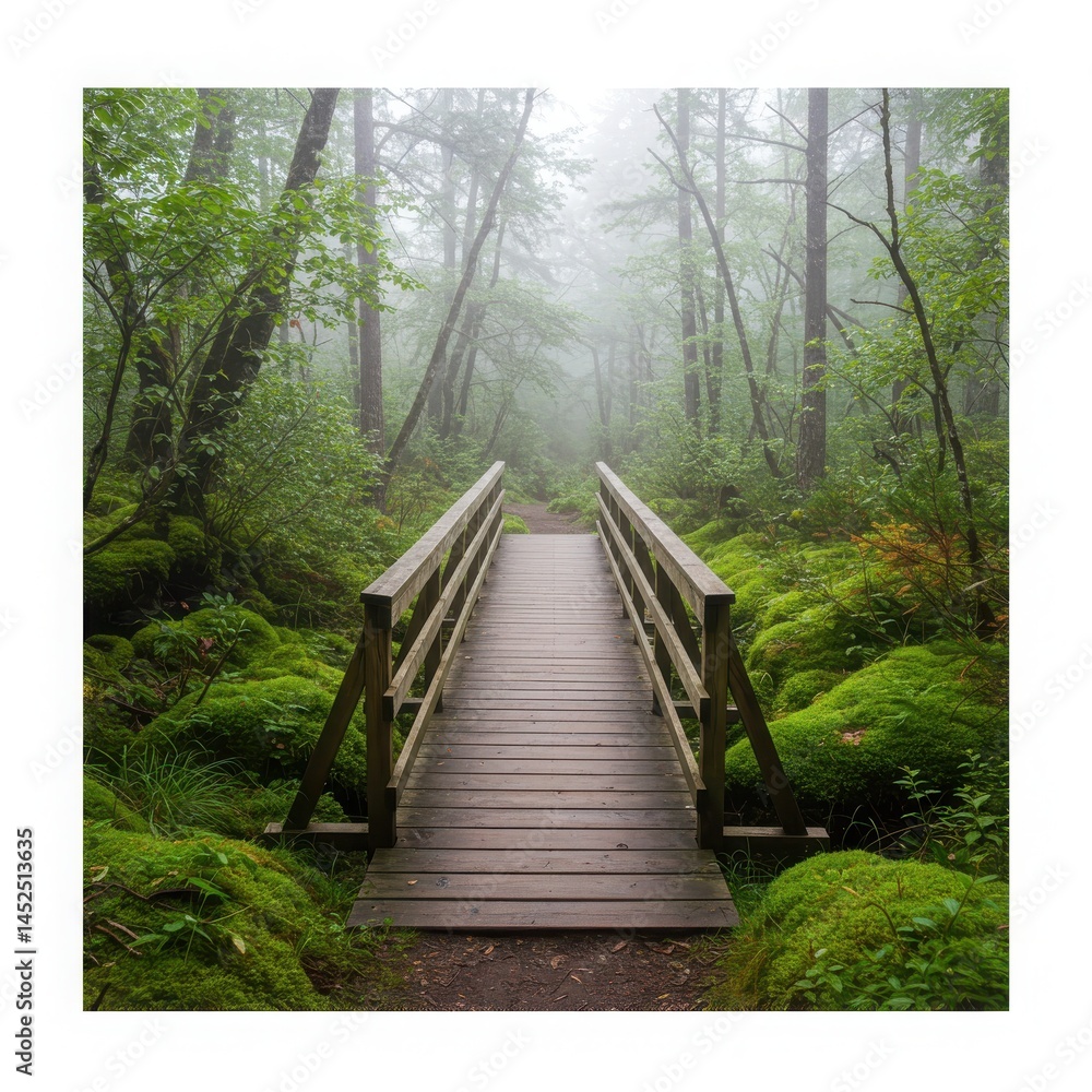 Fototapeta premium Wooden bridge through mossy forest isolated on white background
