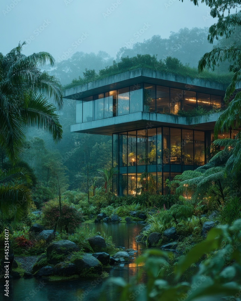 Obraz premium Modern Tropical Architecture with Glass Walls amidst Lush Landscape