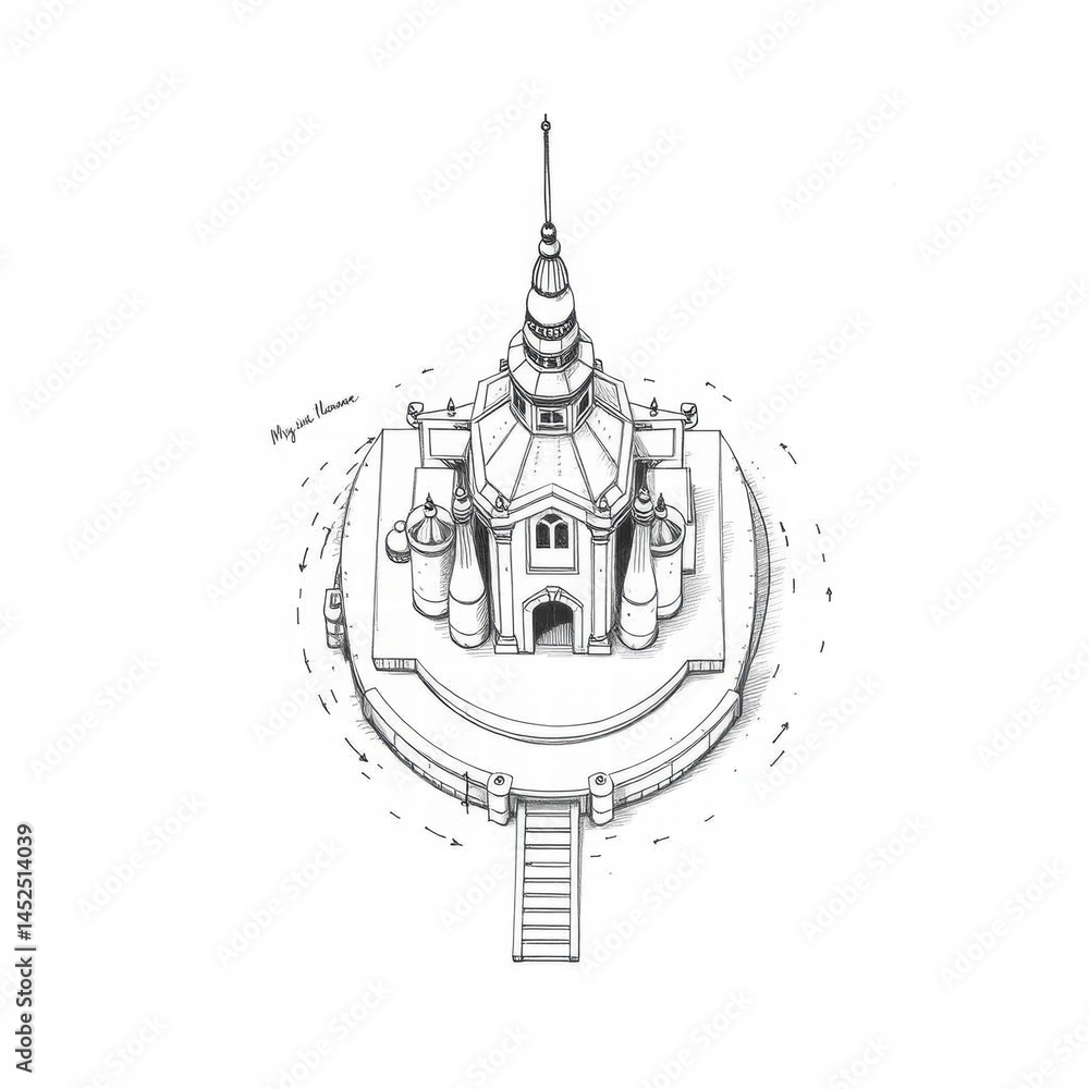 Elegant Ink Drawing: Isometric View of a Grand Church Elegant Ink Drawing: Isometric View of a Grand Church