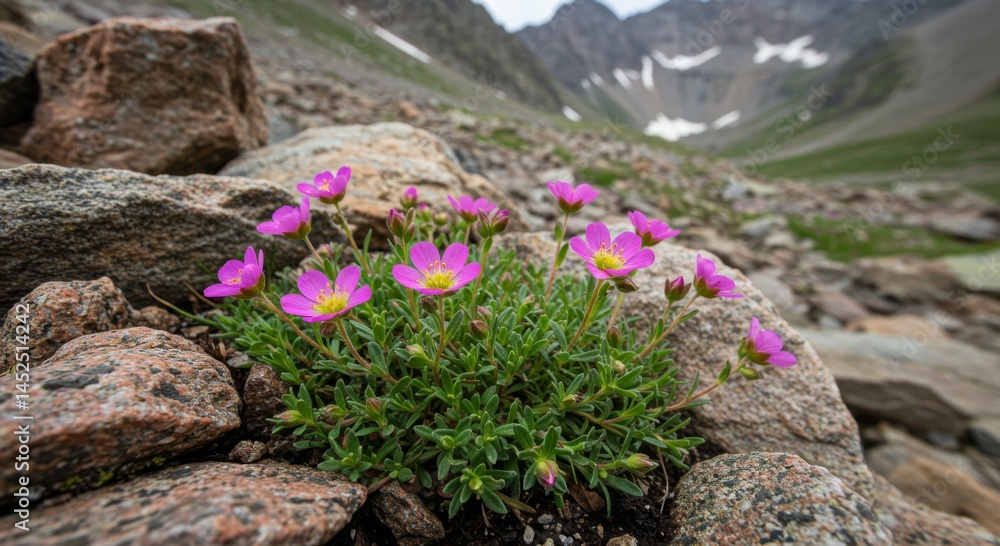 Obraz premium Pink Alpine Flowers Blooming Among Rocks in Mountainous Terrain
