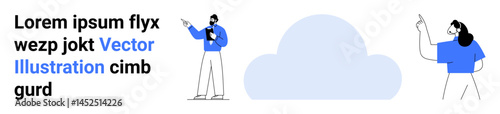 Two individuals engaging in discussion, one analyzing details with a clipboard, the other pointing at a concept. Ideal for teamwork, brainstorming, communication, tech collaboration, cloud solutions