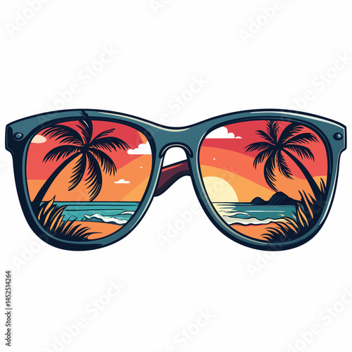 Create a vector illustration of bold, tropical sunglasses with a thick, black stroke.  Design should be vibrant and summery.