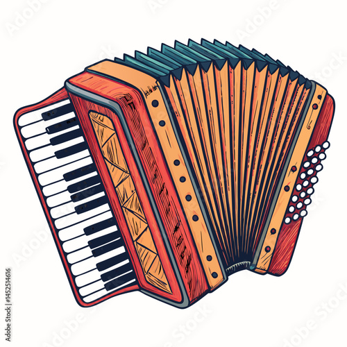 Create a bold vector illustration of a traditional diatonic button accordion, emphasizing strong black outlines and clean lines.  Include bellows detail.