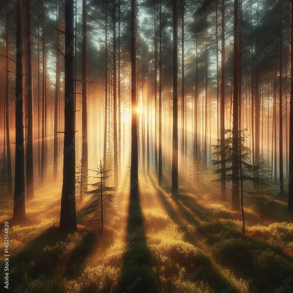 Obraz premium Pine Forest at Dawn Tall pines shrouded in gentle morning mist s