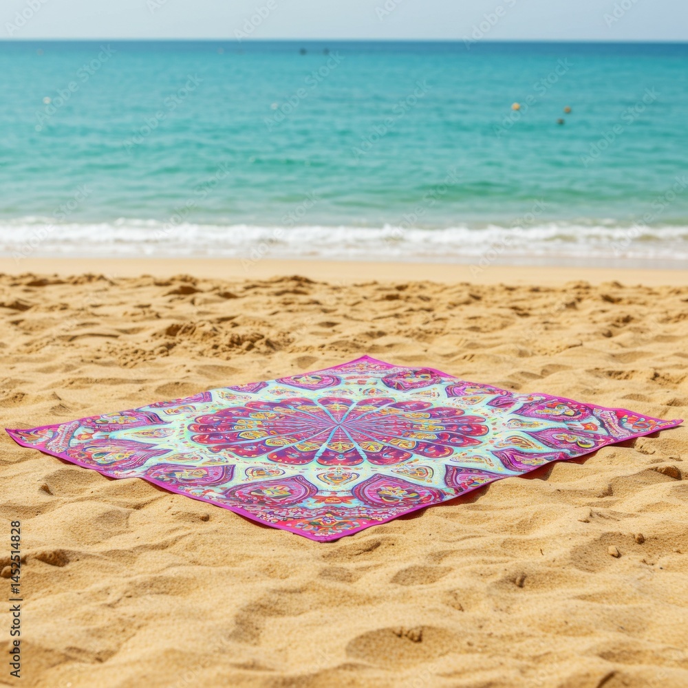 Pink and Turquoise Mandala Beach Blanket on Sandy Shore Pink and Turquoise Mandala Beach Blanket on Sandy Shore