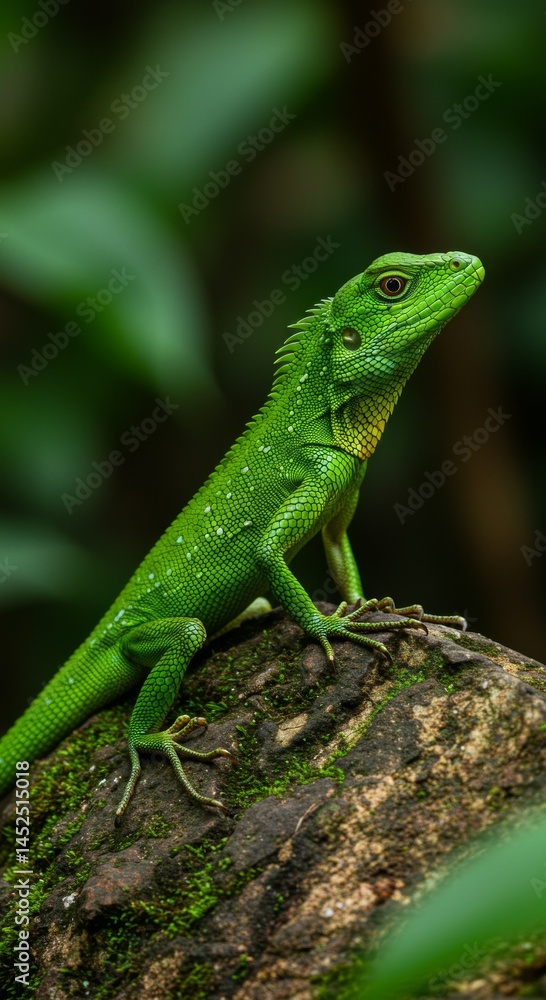 Green Lizard on Mossy Rock in Lush Forest Green Lizard on Mossy Rock in Lush Forest