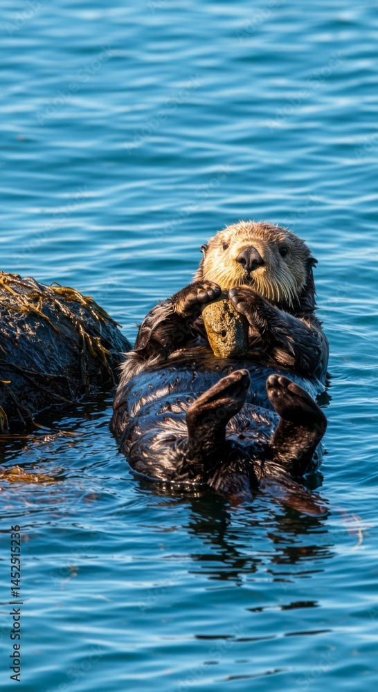 Fototapeta premium Sea Otter Floating on Kelp in Ocean Water
