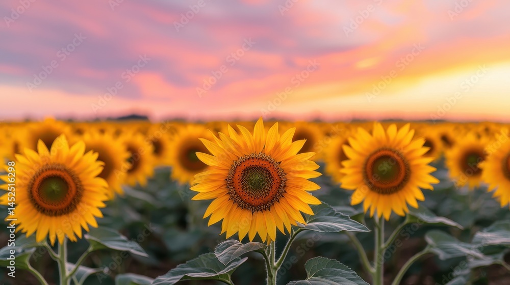 Fototapeta premium Vibrant Sunflower Field Under Colorful Sunset Sky in Summer Evening