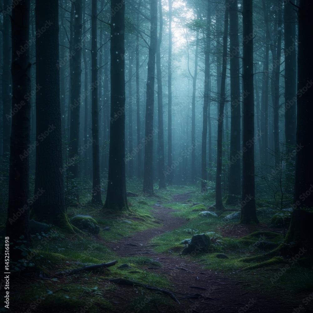Naklejka premium Mysterious Dark Forest Path with Fog and Sunlight