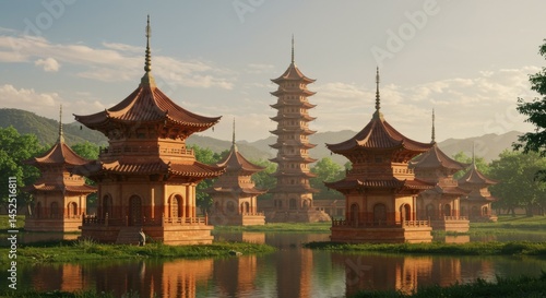 Wallpaper Mural Tranquil Asian Pagodas on a Calm Lake at Sunset Torontodigital.ca